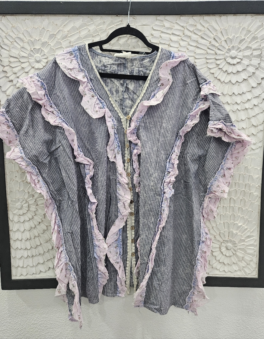 SOLD OUT! Boho Ruffled Button-Front in Mineral Washed Distressed Ruffle Tunic - Picture 2 of 7